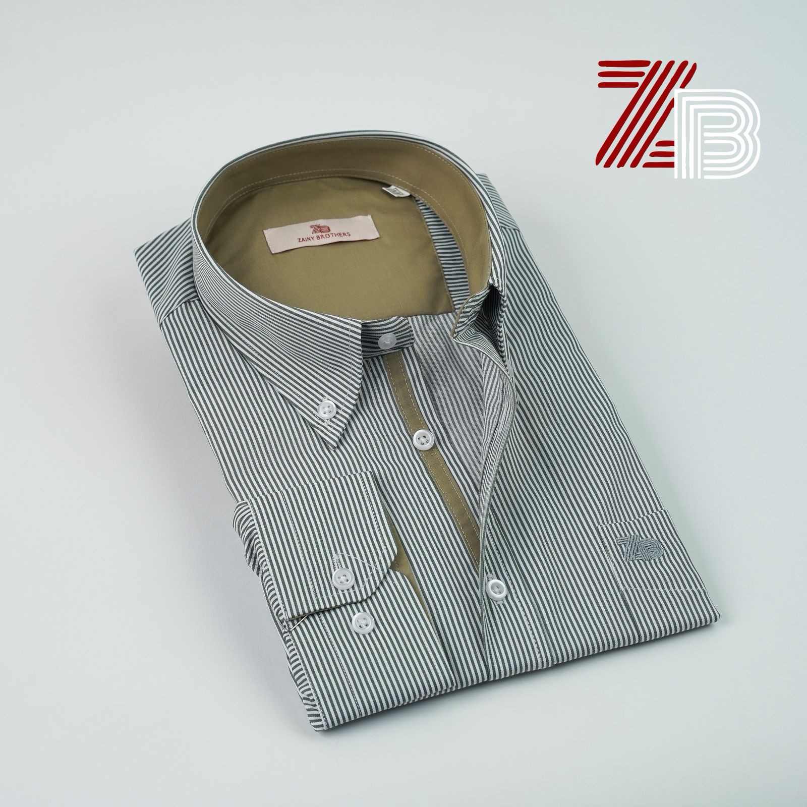 قميص رسمي مخطط زيتوني من زيني براذرز